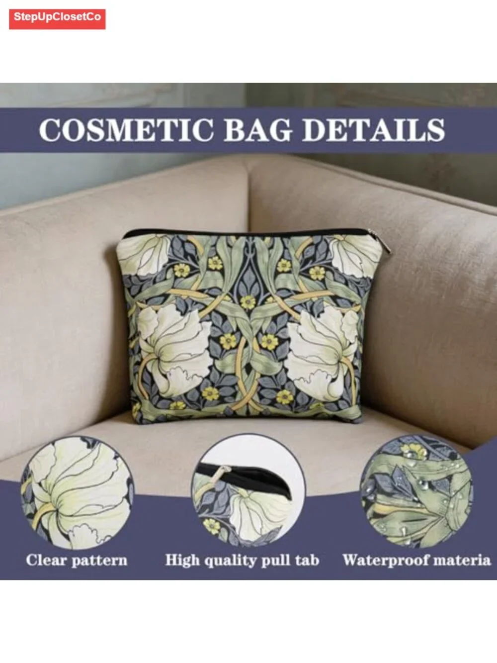 Canvas Travel Toiletry Bag Set of 6 with Zipper Vintage Floral Design